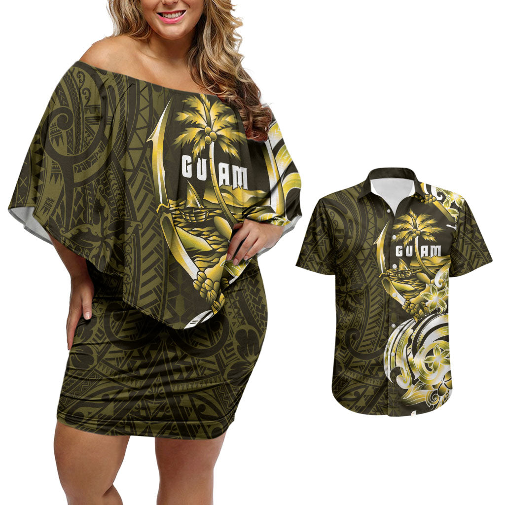 Amariyu Guam Chamorro Couples Matching Off Shoulder Short Dress and Hawaiian Shirt Guahan Seal Tattoo LT14 Yellow - Polynesian Pride