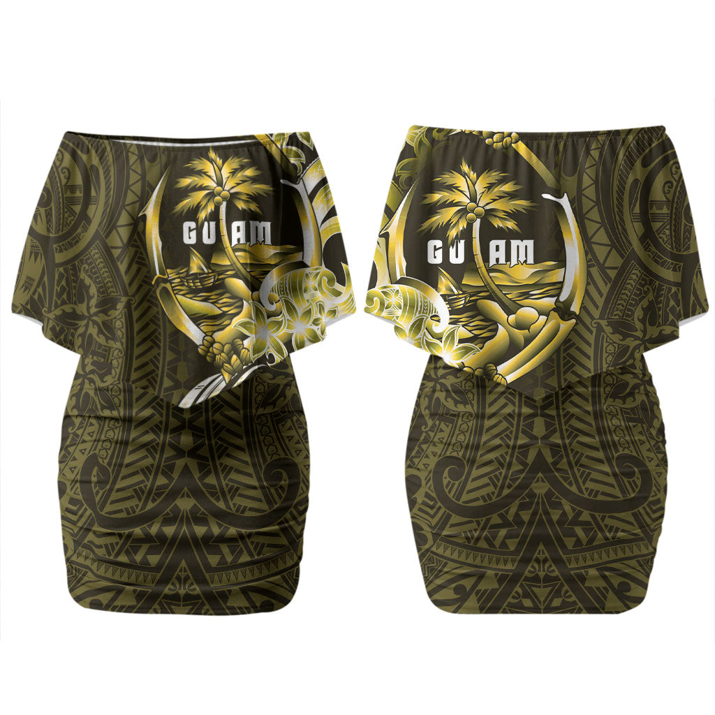 Amariyu Guam Chamorro Couples Matching Off Shoulder Short Dress and Long Sleeve Button Shirt Guahan Seal Tattoo LT14 - Polynesian Pride