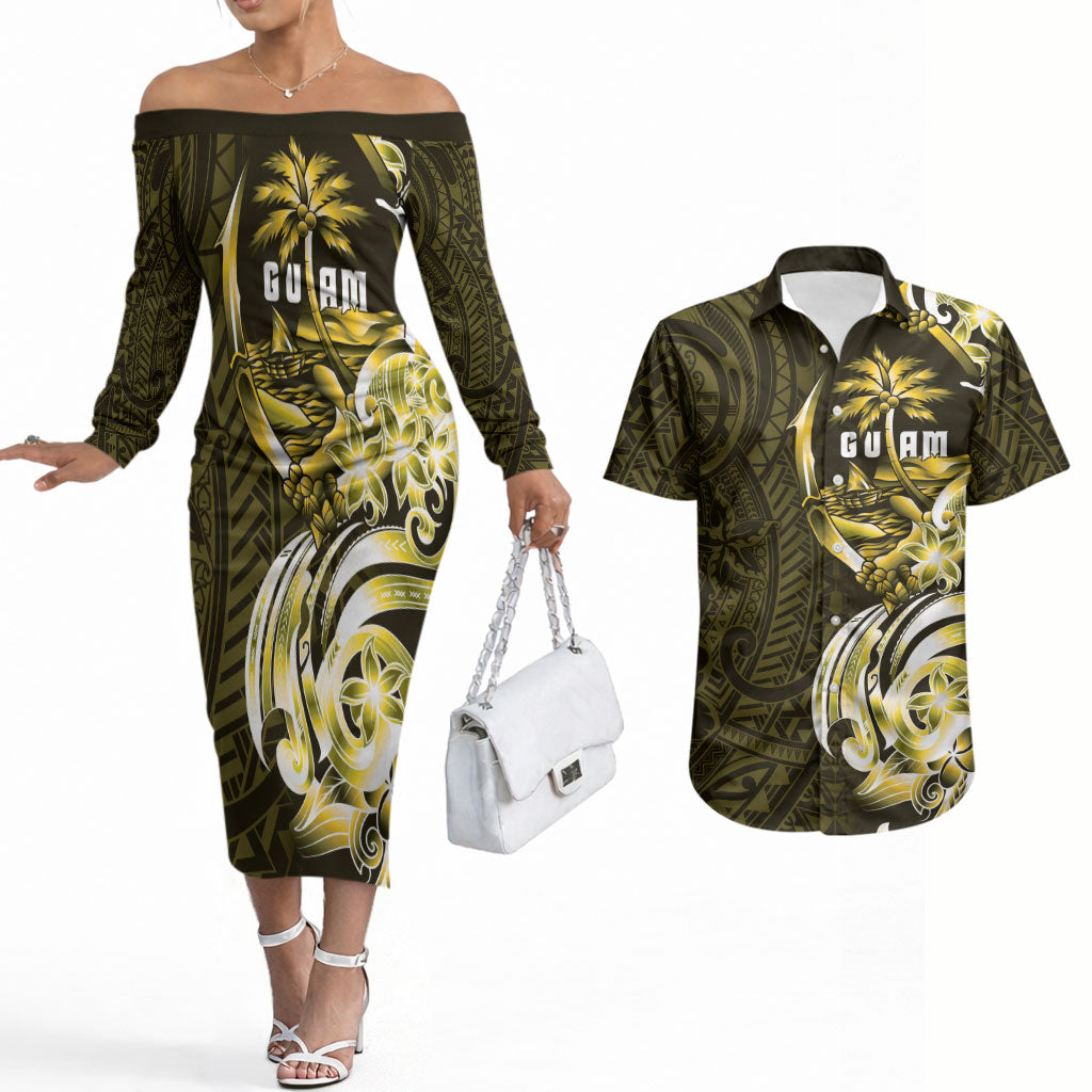 Amariyu Guam Chamorro Couples Matching Off The Shoulder Long Sleeve Dress and Hawaiian Shirt Guahan Seal Tattoo LT14 Yellow - Polynesian Pride