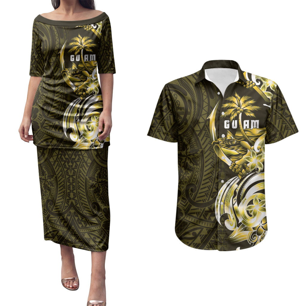 Amariyu Guam Chamorro Couples Matching Puletasi and Hawaiian Shirt Guahan Seal Tattoo LT14 Yellow - Polynesian Pride
