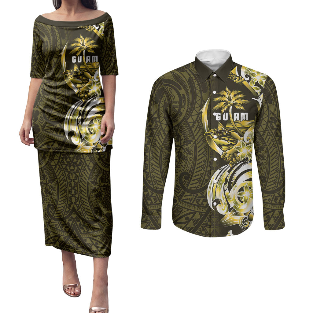 Amariyu Guam Chamorro Couples Matching Puletasi and Long Sleeve Button Shirt Guahan Seal Tattoo LT14 Yellow - Polynesian Pride
