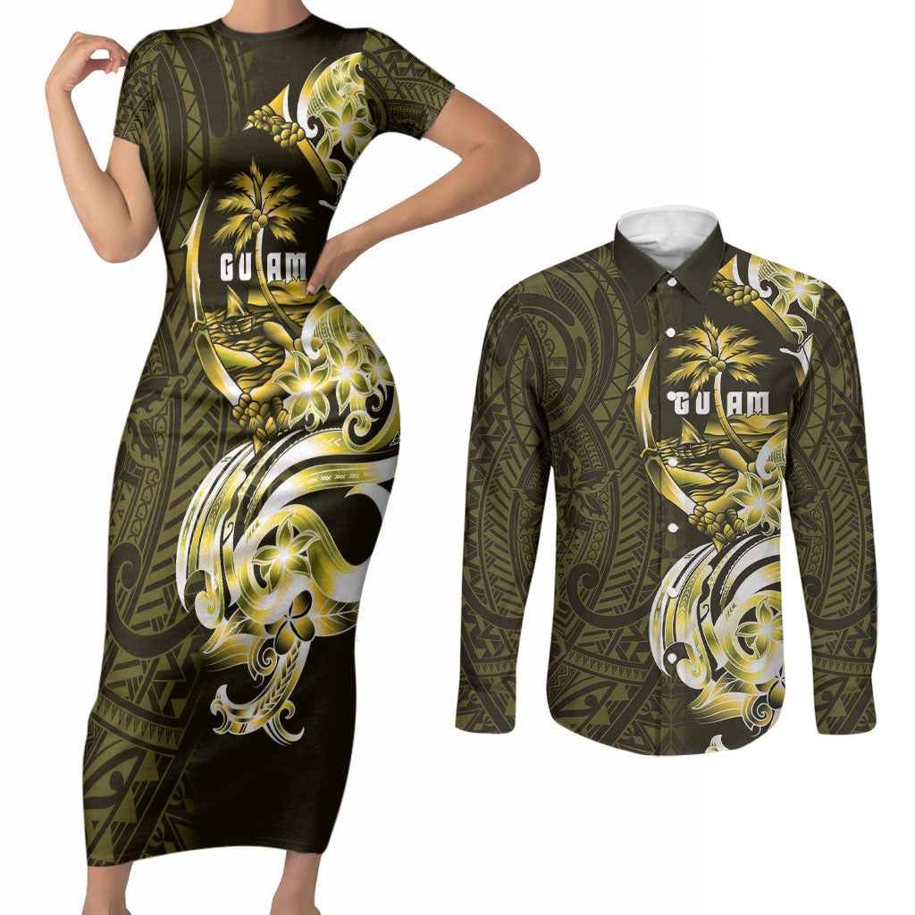 Amariyu Guam Chamorro Couples Matching Short Sleeve Bodycon Dress and Long Sleeve Button Shirt Guahan Seal Tattoo LT14 Yellow - Polynesian Pride