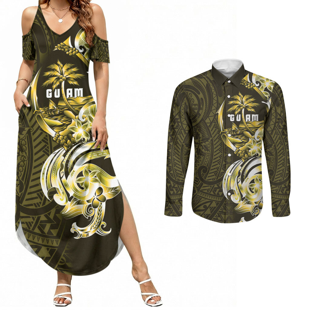 Amariyu Guam Chamorro Couples Matching Summer Maxi Dress and Long Sleeve Button Shirt Guahan Seal Tattoo LT14 Yellow - Polynesian Pride