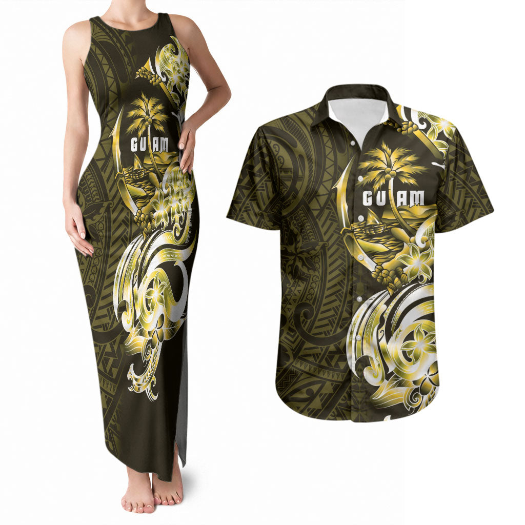 Amariyu Guam Chamorro Couples Matching Tank Maxi Dress and Hawaiian Shirt Guahan Seal Tattoo LT14 Yellow - Polynesian Pride