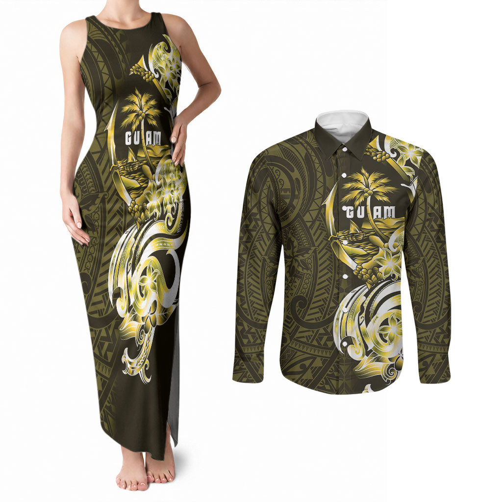 Amariyu Guam Chamorro Couples Matching Tank Maxi Dress and Long Sleeve Button Shirt Guahan Seal Tattoo LT14 Yellow - Polynesian Pride