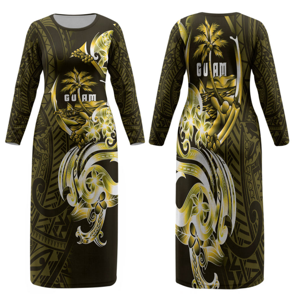 Amariyu Guam Chamorro Family Matching Long Sleeve Bodycon Dress and Hawaiian Shirt Guahan Seal Tattoo LT14 Mom's Dress Yellow - Polynesian Pride