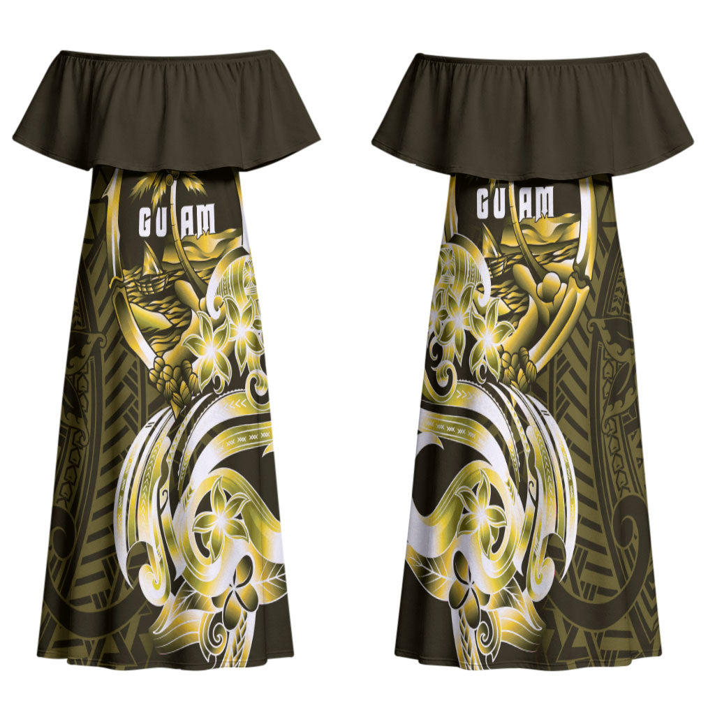Amariyu Guam Chamorro Family Matching Off Shoulder Maxi Dress and Hawaiian Shirt Guahan Seal Tattoo LT14 Mom's Dress Yellow - Polynesian Pride