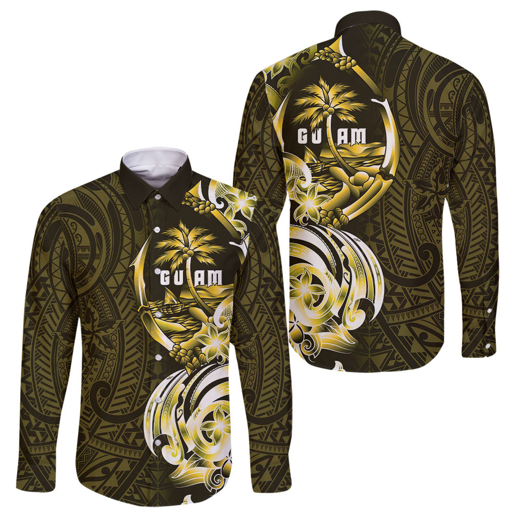 Amariyu Guam Chamorro Family Matching Off Shoulder Short Dress and Hawaiian Shirt Guahan Seal Tattoo LT14 Dad's Shirt - Long Sleeve Yellow - Polynesian Pride