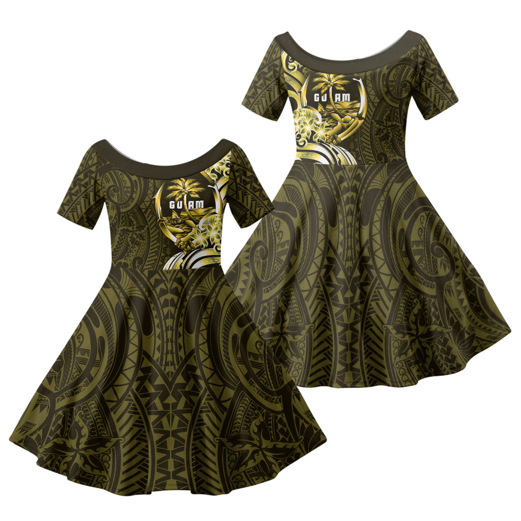 Amariyu Guam Chamorro Family Matching Short Sleeve Bodycon Dress and Hawaiian Shirt Guahan Seal Tattoo LT14 Daughter's Dress Yellow - Polynesian Pride