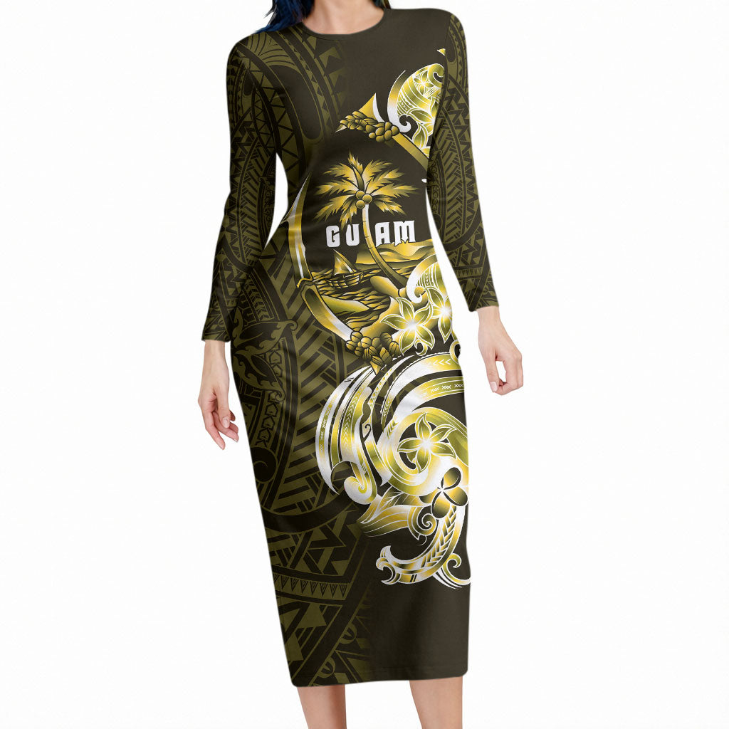 Amariyu Guam Chamorro Long Sleeve Bodycon Dress Guahan Seal Tattoo LT14 Long Dress Yellow - Polynesian Pride