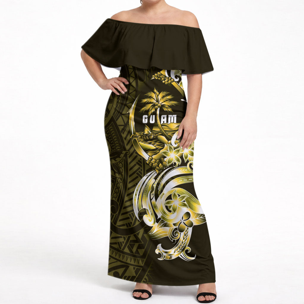 Amariyu Guam Chamorro Off Shoulder Maxi Dress Guahan Seal Tattoo LT14 Women Yellow - Polynesian Pride