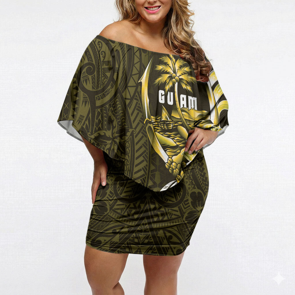 Amariyu Guam Chamorro Off Shoulder Short Dress Guahan Seal Tattoo LT14 Women Yellow - Polynesian Pride