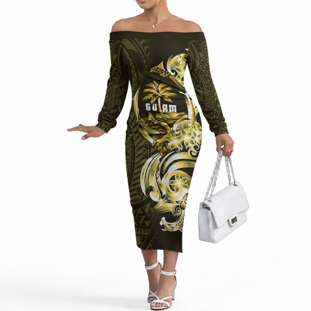Amariyu Guam Chamorro Off The Shoulder Long Sleeve Dress Guahan Seal Tattoo LT14 Women Yellow - Polynesian Pride