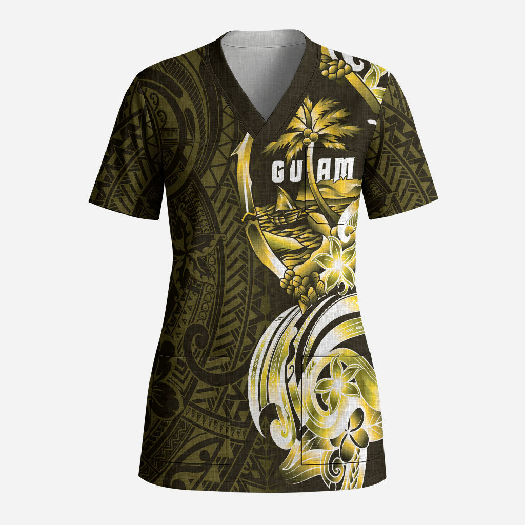 Amariyu Guam Chamorro Scrub Top Guahan Seal Tattoo LT14 Adult Yellow - Polynesian Pride