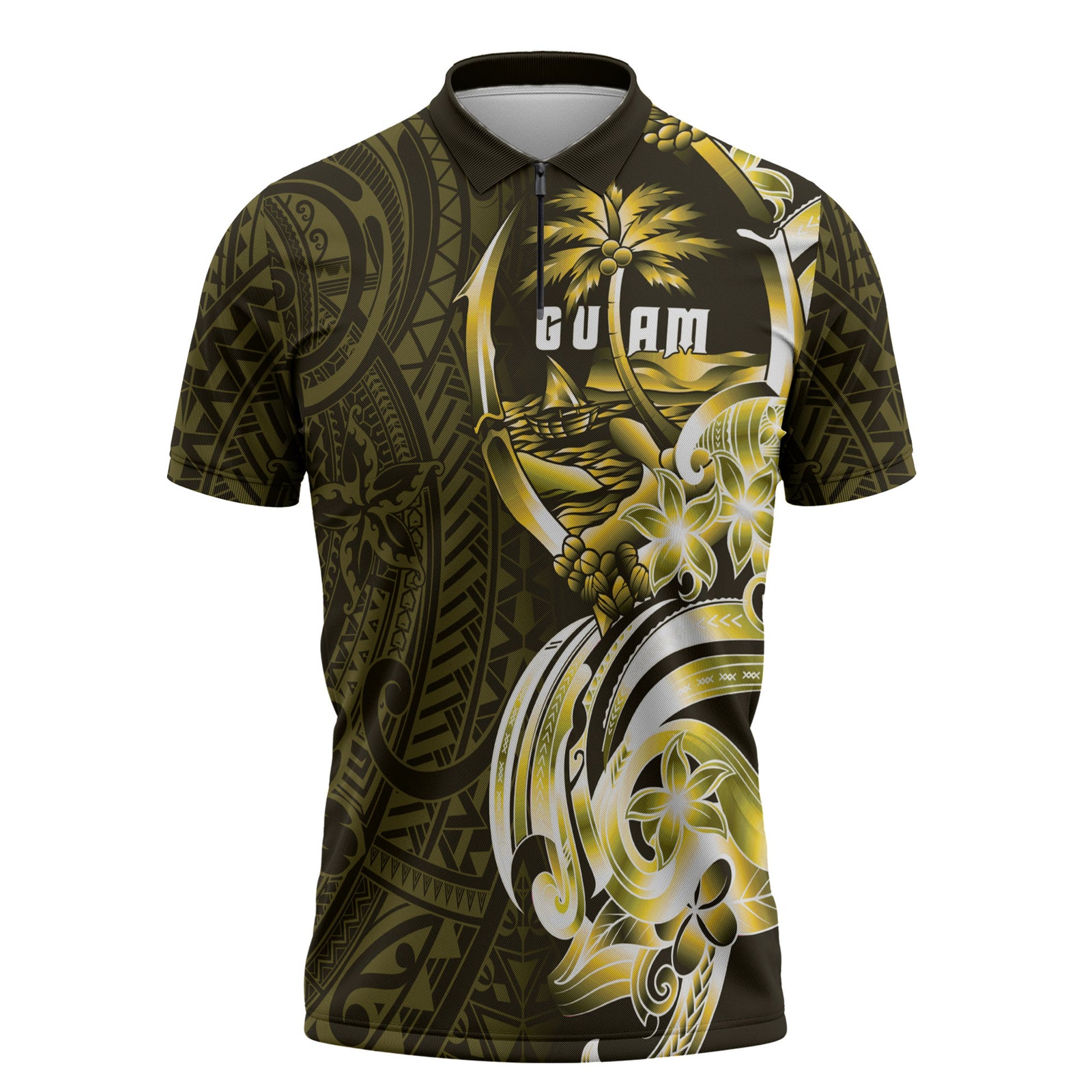 Amariyu Guam Chamorro Zipper Polo Shirt Guahan Seal Tattoo LT14 Yellow - Polynesian Pride