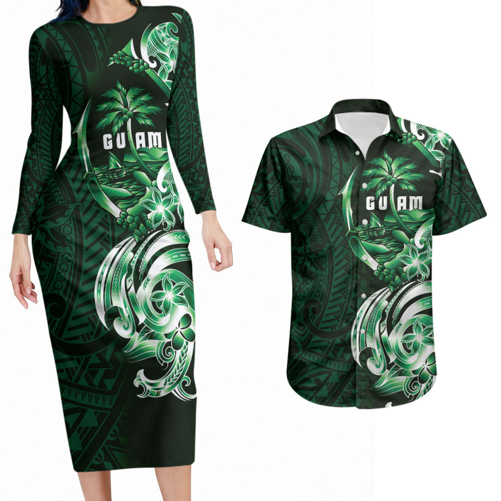 Betde Guam Chamorro Couples Matching Long Sleeve Bodycon Dress and Hawaiian Shirt Guahan Seal Tattoo LT14 Green - Polynesian Pride