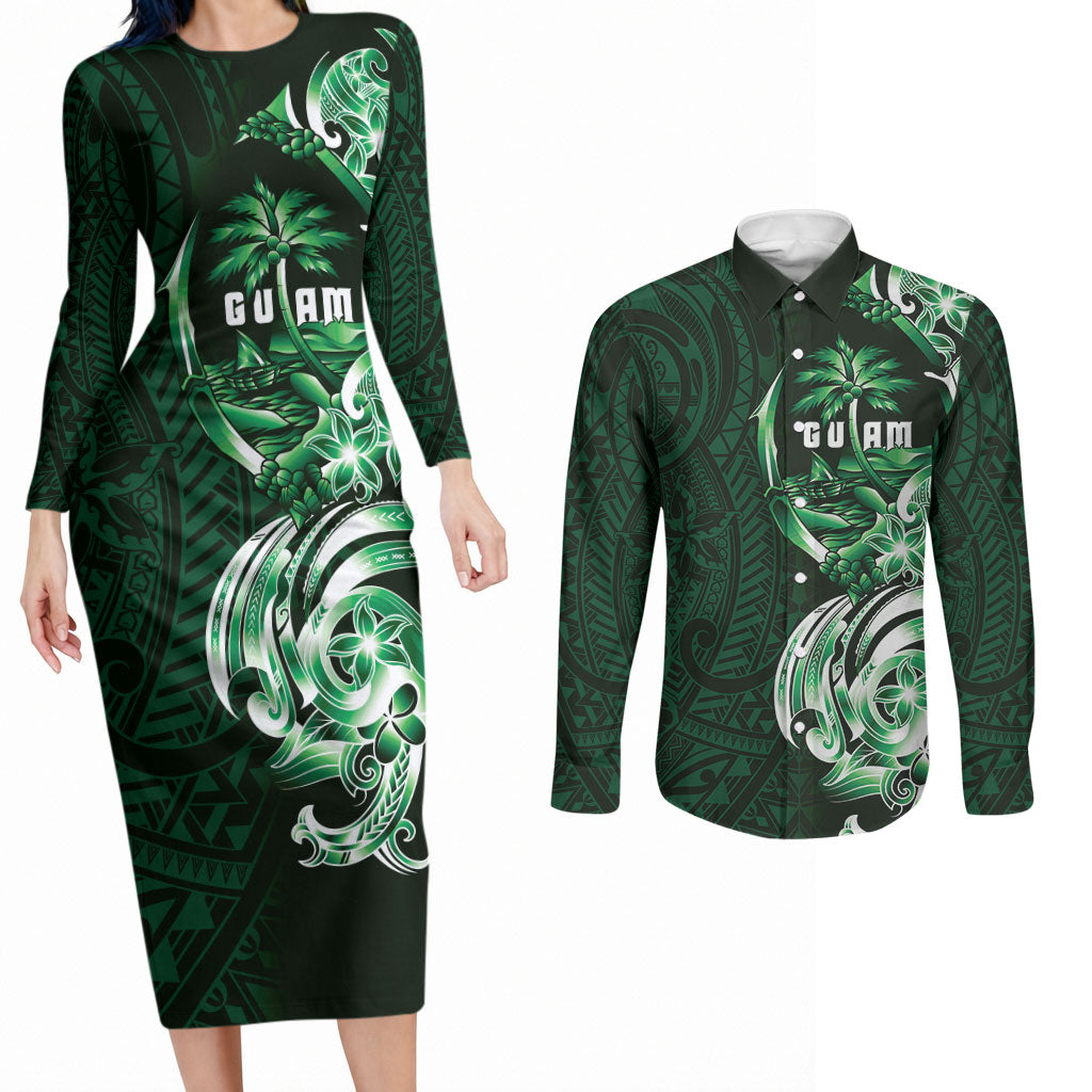 Betde Guam Chamorro Couples Matching Long Sleeve Bodycon Dress and Long Sleeve Button Shirt Guahan Seal Tattoo LT14 Green - Polynesian Pride