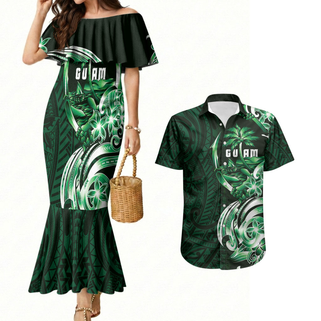 Betde Guam Chamorro Couples Matching Mermaid Dress and Hawaiian Shirt Guahan Seal Tattoo LT14 Green - Polynesian Pride