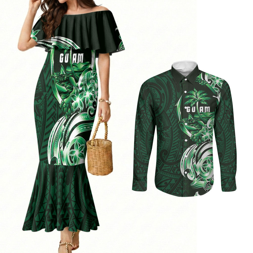 Betde Guam Chamorro Couples Matching Mermaid Dress and Long Sleeve Button Shirt Guahan Seal Tattoo LT14 Green - Polynesian Pride