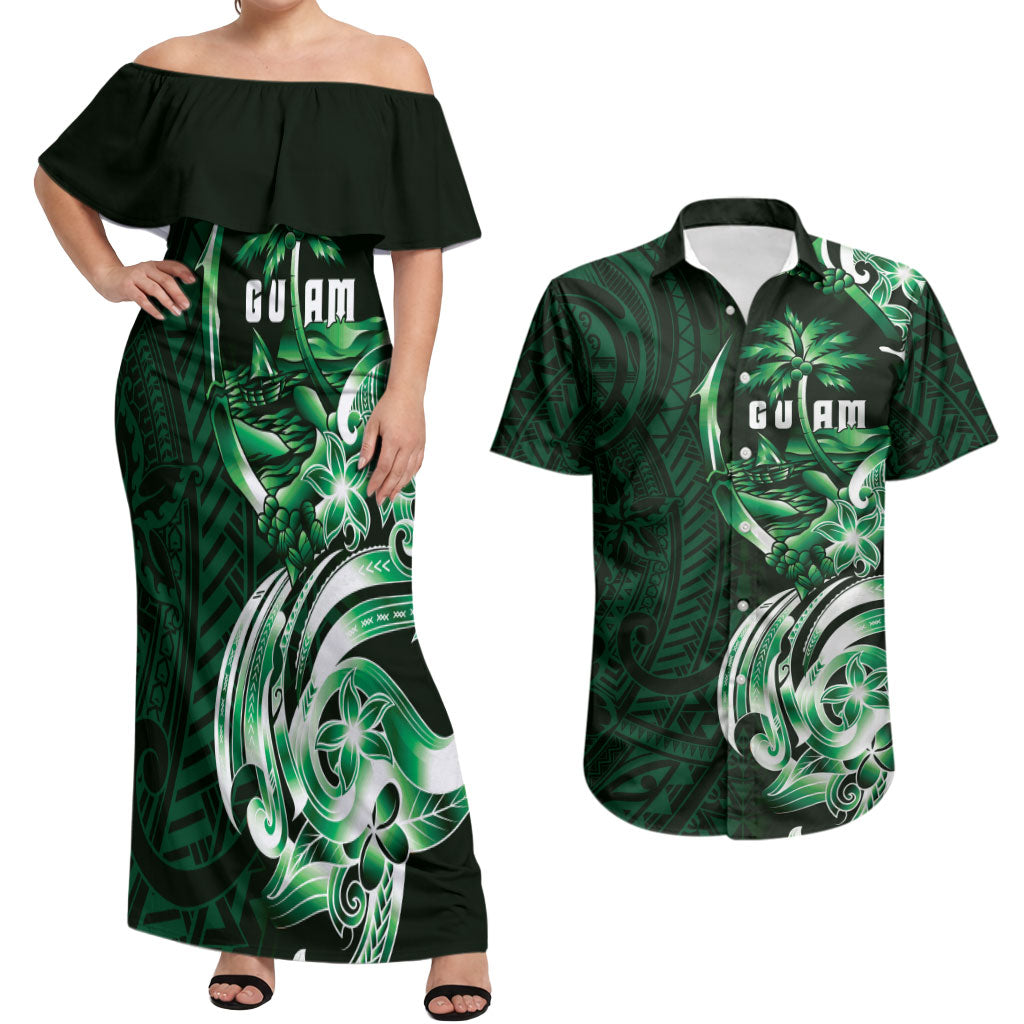 Betde Guam Chamorro Couples Matching Off Shoulder Maxi Dress and Hawaiian Shirt Guahan Seal Tattoo LT14 Green - Polynesian Pride