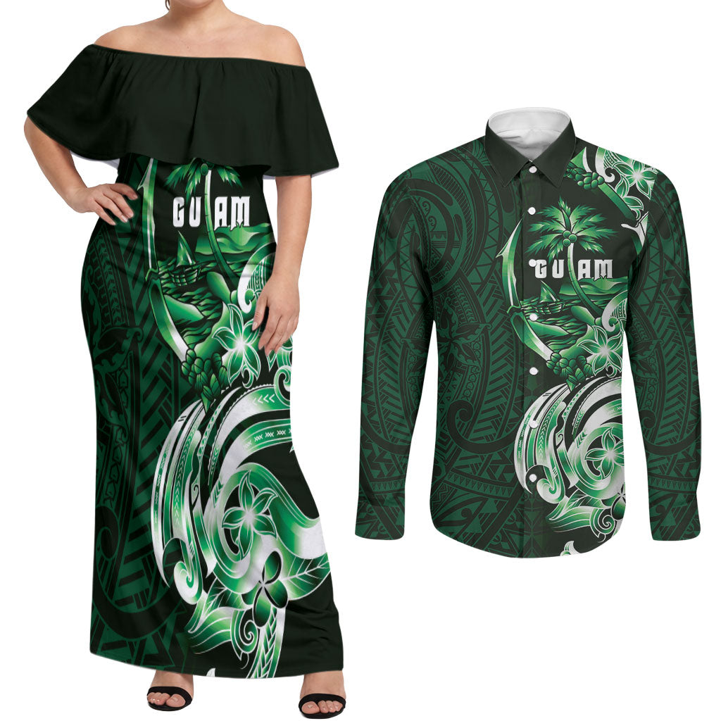 Betde Guam Chamorro Couples Matching Off Shoulder Maxi Dress and Long Sleeve Button Shirt Guahan Seal Tattoo LT14 Green - Polynesian Pride