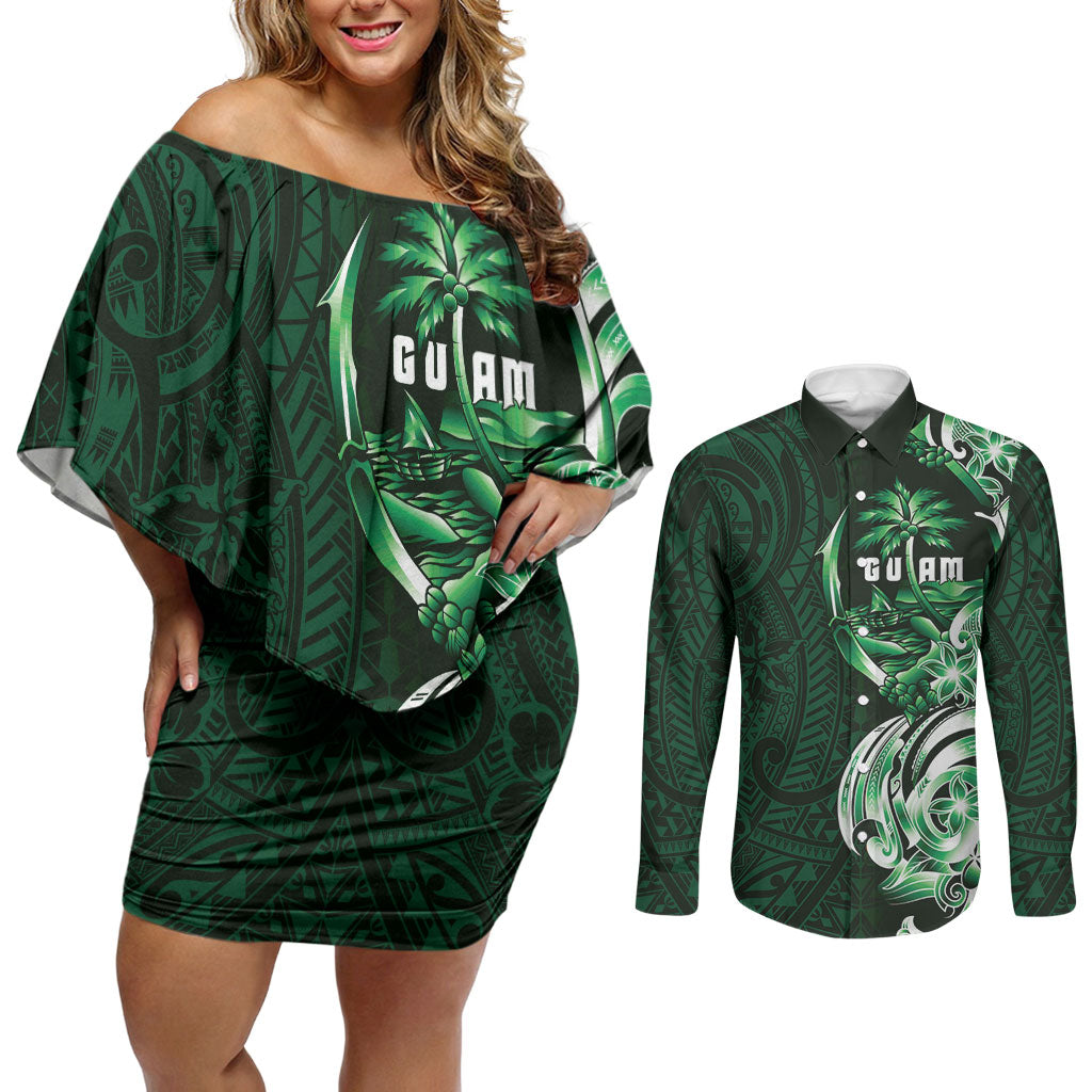 Betde Guam Chamorro Couples Matching Off Shoulder Short Dress and Long Sleeve Button Shirt Guahan Seal Tattoo LT14 Green - Polynesian Pride
