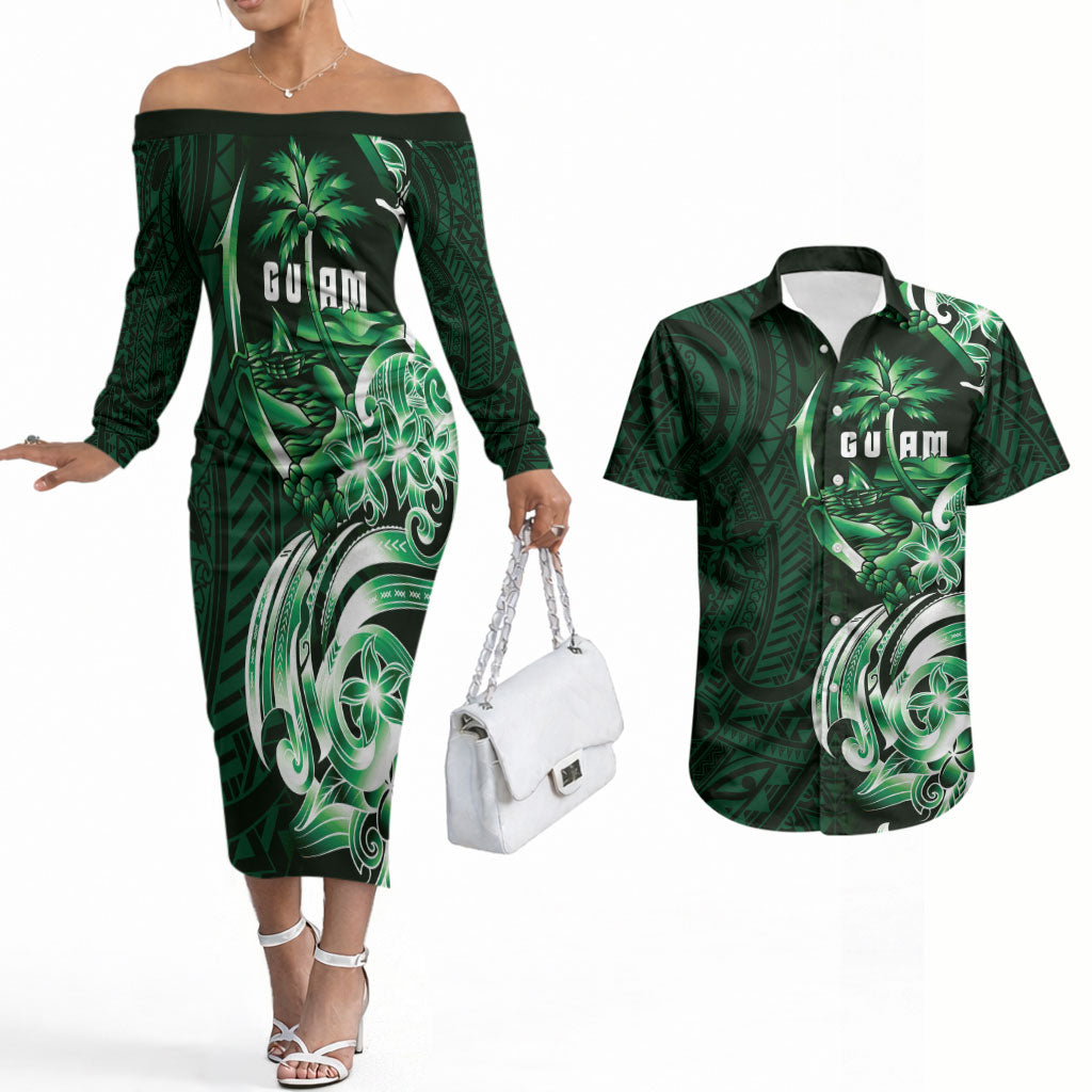 Betde Guam Chamorro Couples Matching Off The Shoulder Long Sleeve Dress and Hawaiian Shirt Guahan Seal Tattoo LT14 Green - Polynesian Pride