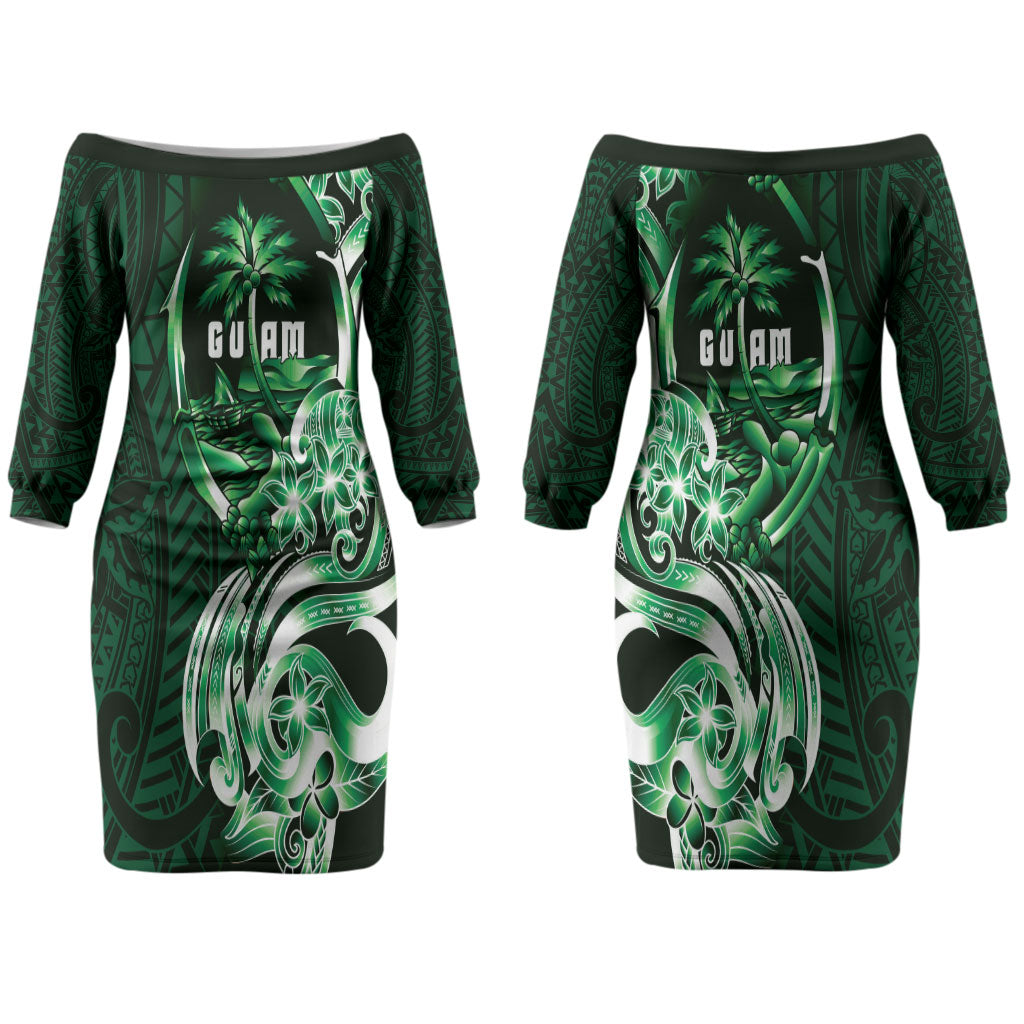 Betde Guam Chamorro Couples Matching Off The Shoulder Long Sleeve Dress and Hawaiian Shirt Guahan Seal Tattoo LT14 - Polynesian Pride