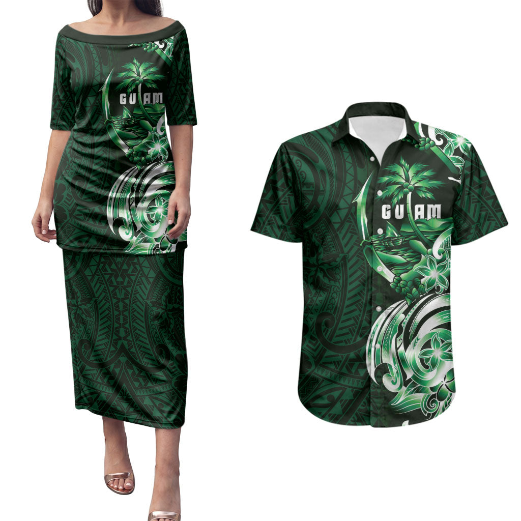 Betde Guam Chamorro Couples Matching Puletasi and Hawaiian Shirt Guahan Seal Tattoo LT14 Green - Polynesian Pride