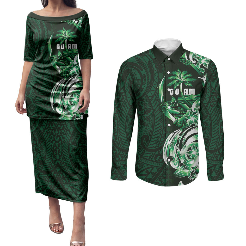 Betde Guam Chamorro Couples Matching Puletasi and Long Sleeve Button Shirt Guahan Seal Tattoo LT14 Green - Polynesian Pride