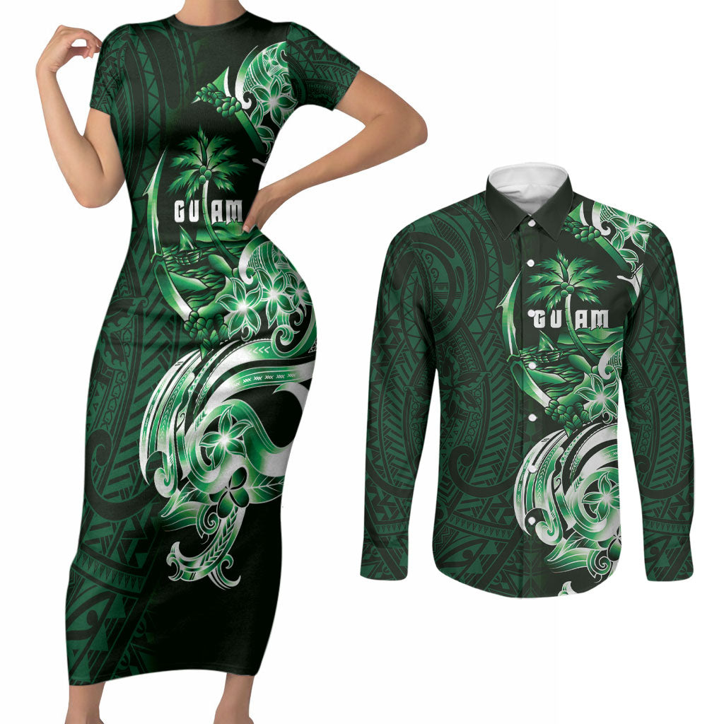 Betde Guam Chamorro Couples Matching Short Sleeve Bodycon Dress and Long Sleeve Button Shirt Guahan Seal Tattoo LT14 Green - Polynesian Pride