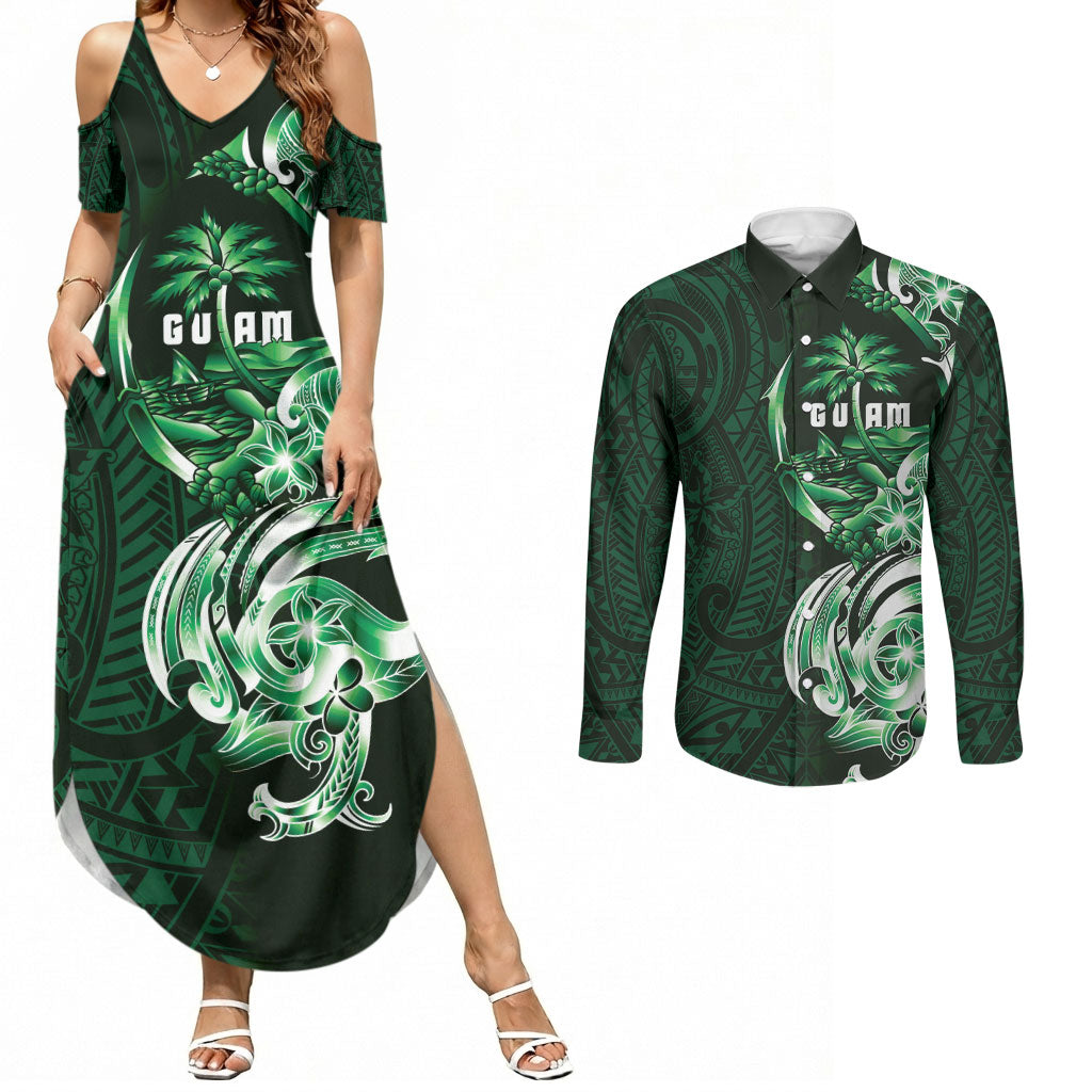 Betde Guam Chamorro Couples Matching Summer Maxi Dress and Long Sleeve Button Shirt Guahan Seal Tattoo LT14 Green - Polynesian Pride