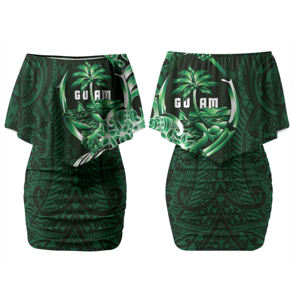 Betde Guam Chamorro Family Matching Off Shoulder Short Dress and Hawaiian Shirt Guahan Seal Tattoo LT14 Mom's Dress Green - Polynesian Pride
