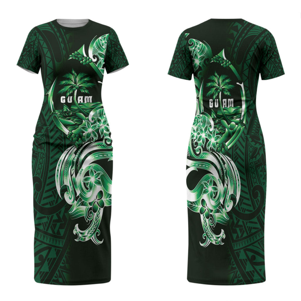 Betde Guam Chamorro Family Matching Short Sleeve Bodycon Dress and Hawaiian Shirt Guahan Seal Tattoo LT14 Mom's Dress Green - Polynesian Pride