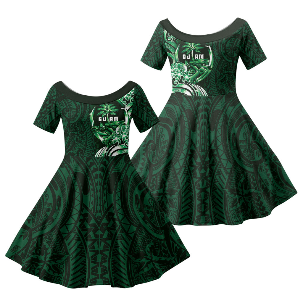 Betde Guam Chamorro Family Matching Short Sleeve Bodycon Dress and Hawaiian Shirt Guahan Seal Tattoo LT14 Daughter's Dress Green - Polynesian Pride
