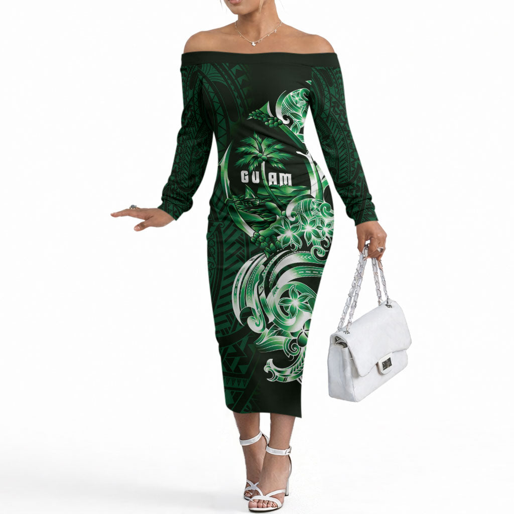 Betde Guam Chamorro Off The Shoulder Long Sleeve Dress Guahan Seal Tattoo LT14 Women Green - Polynesian Pride