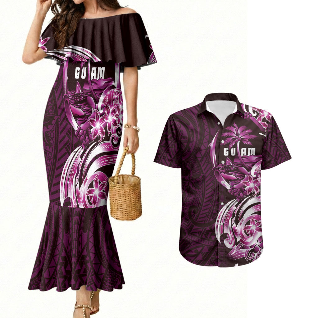 Kulot Di Rosa Guam Chamorro Couples Matching Mermaid Dress and Hawaiian Shirt Guahan Seal Tattoo LT14 Pink - Polynesian Pride
