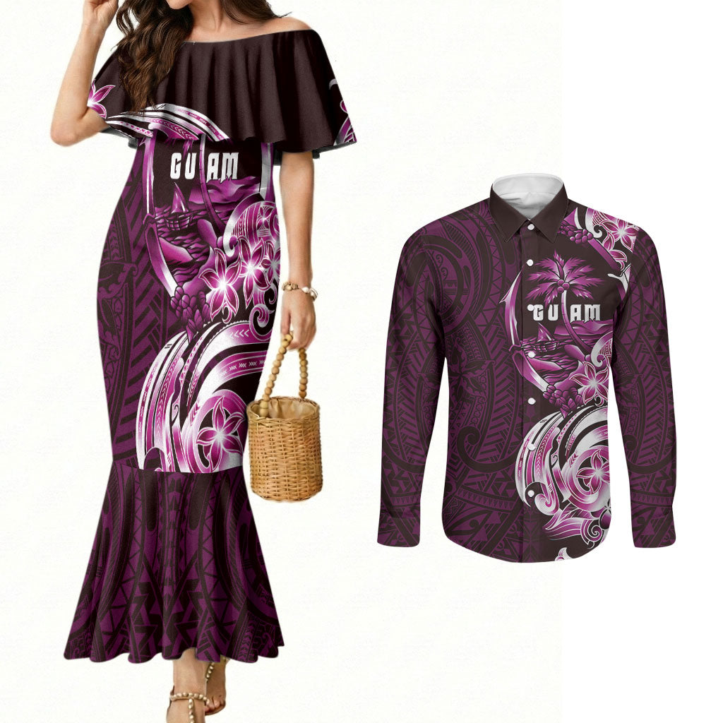 Kulot Di Rosa Guam Chamorro Couples Matching Mermaid Dress and Long Sleeve Button Shirt Guahan Seal Tattoo LT14 Pink - Polynesian Pride
