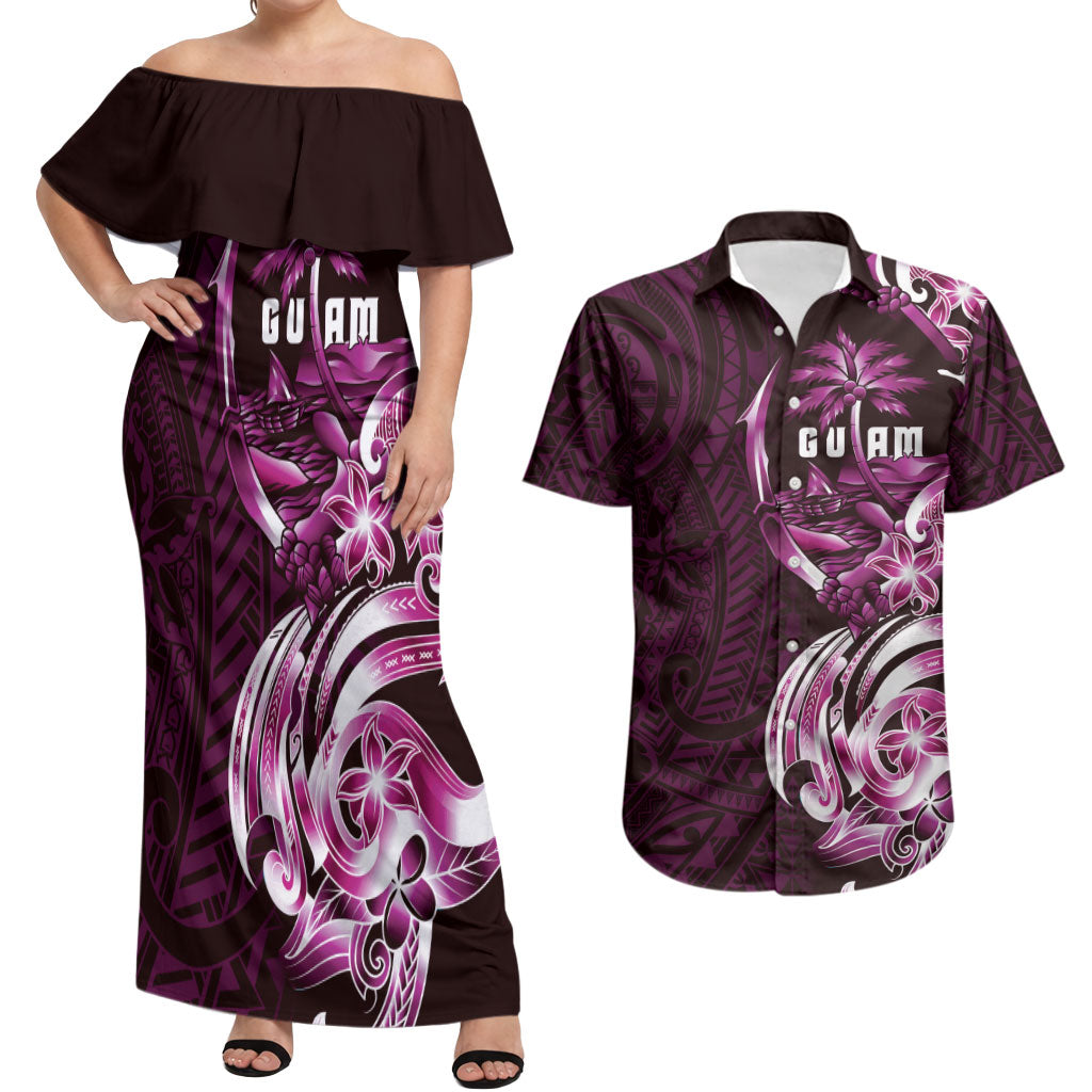 Kulot Di Rosa Guam Chamorro Couples Matching Off Shoulder Maxi Dress and Hawaiian Shirt Guahan Seal Tattoo LT14 Pink - Polynesian Pride