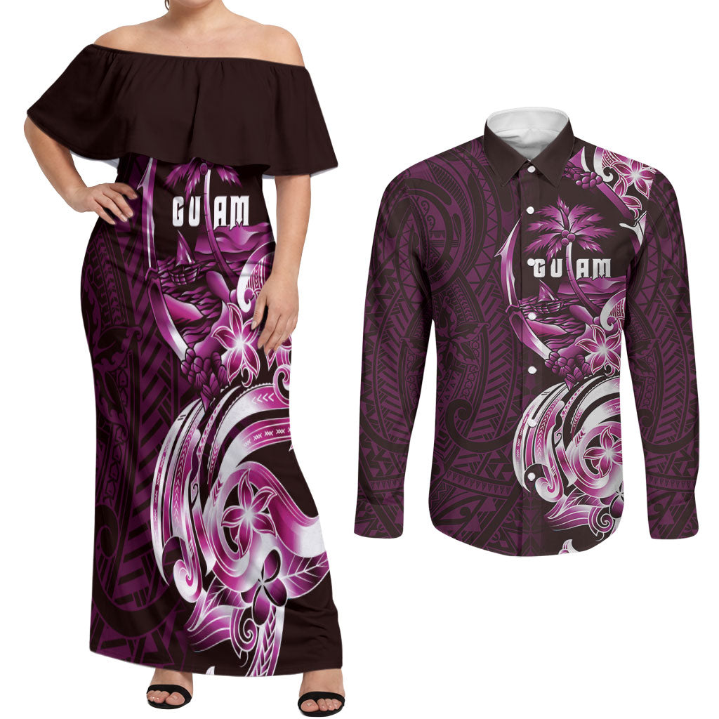 Kulot Di Rosa Guam Chamorro Couples Matching Off Shoulder Maxi Dress and Long Sleeve Button Shirt Guahan Seal Tattoo LT14 Pink - Polynesian Pride