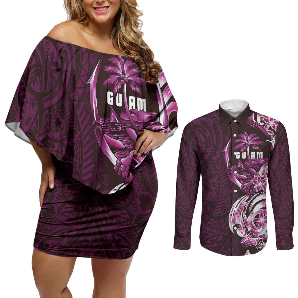 Kulot Di Rosa Guam Chamorro Couples Matching Off Shoulder Short Dress and Long Sleeve Button Shirt Guahan Seal Tattoo LT14 Pink - Polynesian Pride