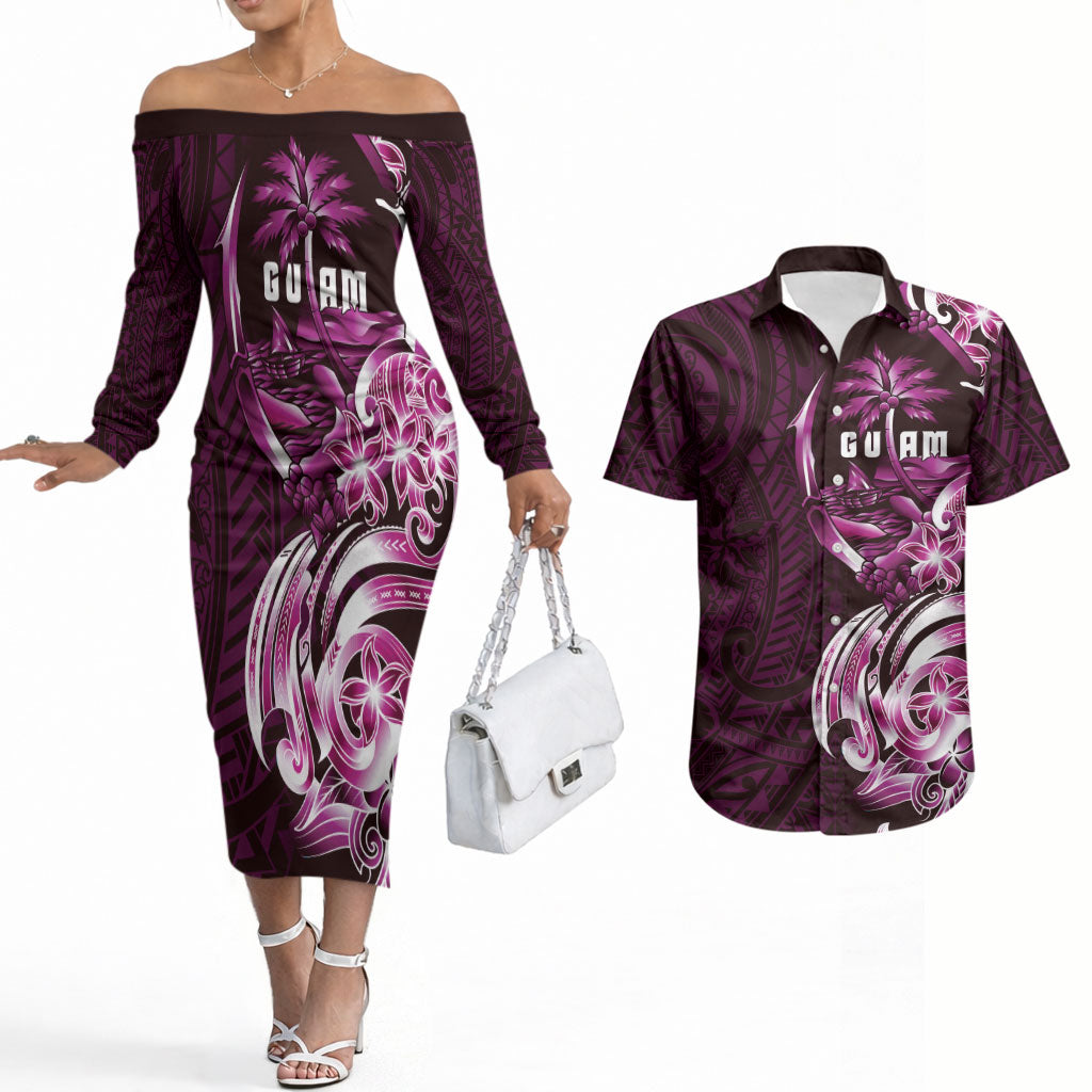 Kulot Di Rosa Guam Chamorro Couples Matching Off The Shoulder Long Sleeve Dress and Hawaiian Shirt Guahan Seal Tattoo LT14 Pink - Polynesian Pride