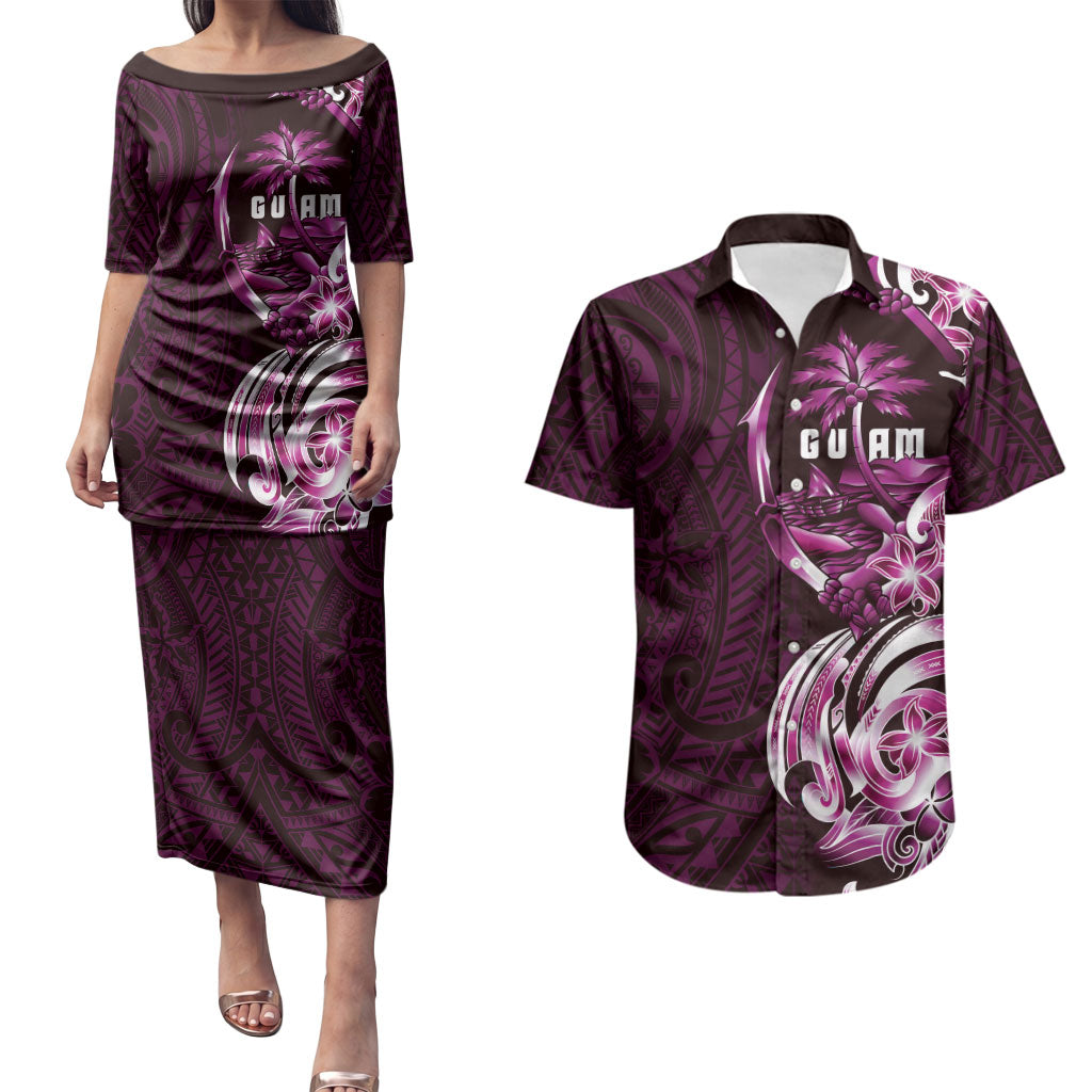 Kulot Di Rosa Guam Chamorro Couples Matching Puletasi and Hawaiian Shirt Guahan Seal Tattoo LT14 Pink - Polynesian Pride