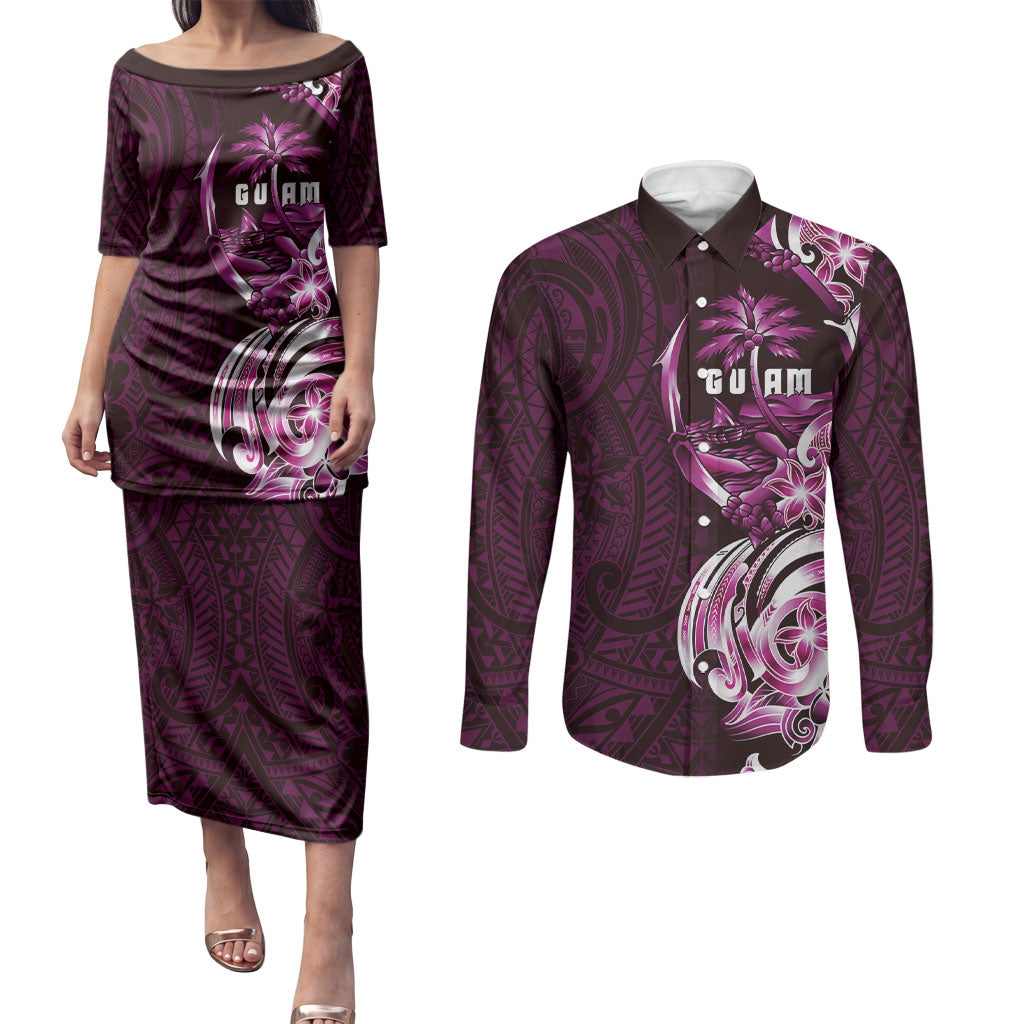 Kulot Di Rosa Guam Chamorro Couples Matching Puletasi and Long Sleeve Button Shirt Guahan Seal Tattoo LT14 Pink - Polynesian Pride