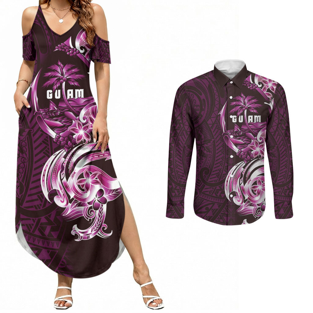 Kulot Di Rosa Guam Chamorro Couples Matching Summer Maxi Dress and Long Sleeve Button Shirt Guahan Seal Tattoo LT14 Pink - Polynesian Pride