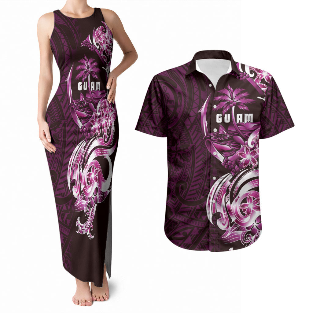 Kulot Di Rosa Guam Chamorro Couples Matching Tank Maxi Dress and Hawaiian Shirt Guahan Seal Tattoo LT14 Pink - Polynesian Pride