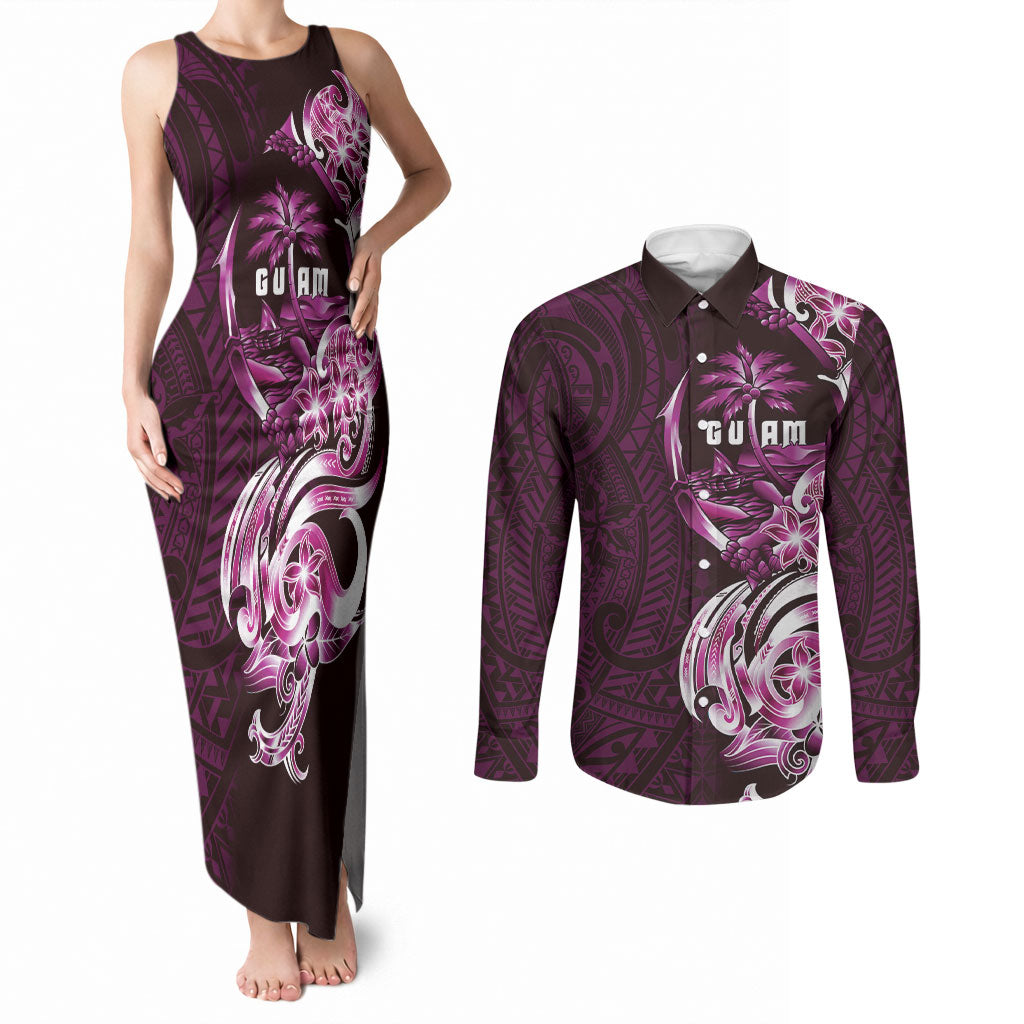 Kulot Di Rosa Guam Chamorro Couples Matching Tank Maxi Dress and Long Sleeve Button Shirt Guahan Seal Tattoo LT14 Pink - Polynesian Pride