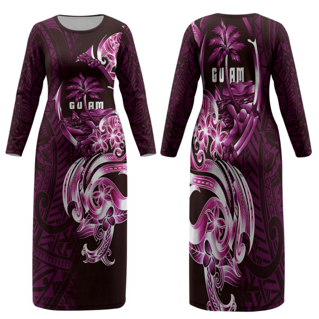 Kulot Di Rosa Guam Chamorro Family Matching Long Sleeve Bodycon Dress and Hawaiian Shirt Guahan Seal Tattoo LT14 Mom's Dress Pink - Polynesian Pride
