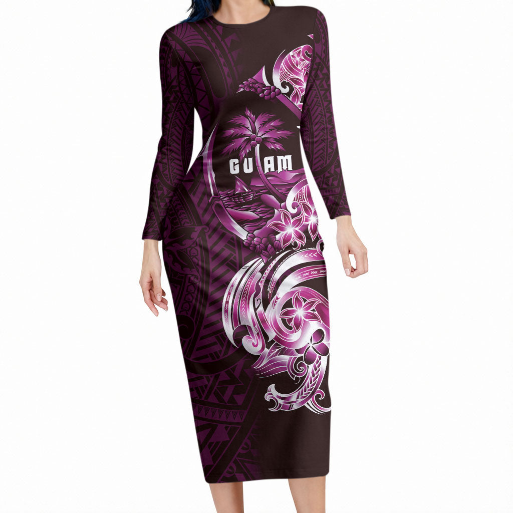 Kulot Di Rosa Guam Chamorro Long Sleeve Bodycon Dress Guahan Seal Tattoo LT14 Long Dress Pink - Polynesian Pride
