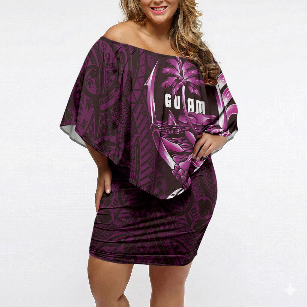 Kulot Di Rosa Guam Chamorro Off Shoulder Short Dress Guahan Seal Tattoo LT14 Women Pink - Polynesian Pride